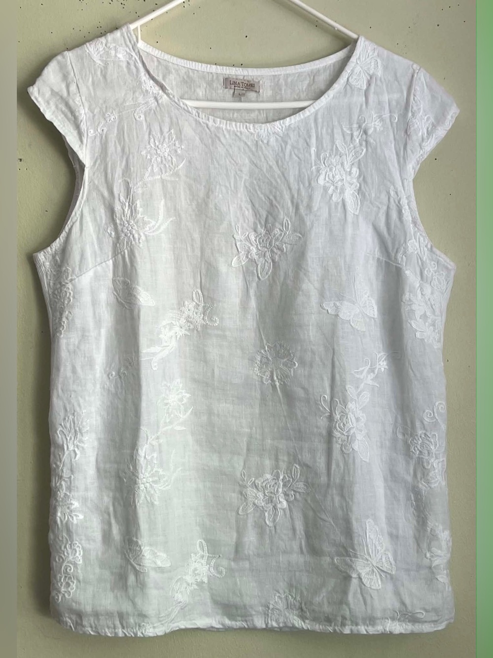 Linen Embroidered Sleeveless Top - White